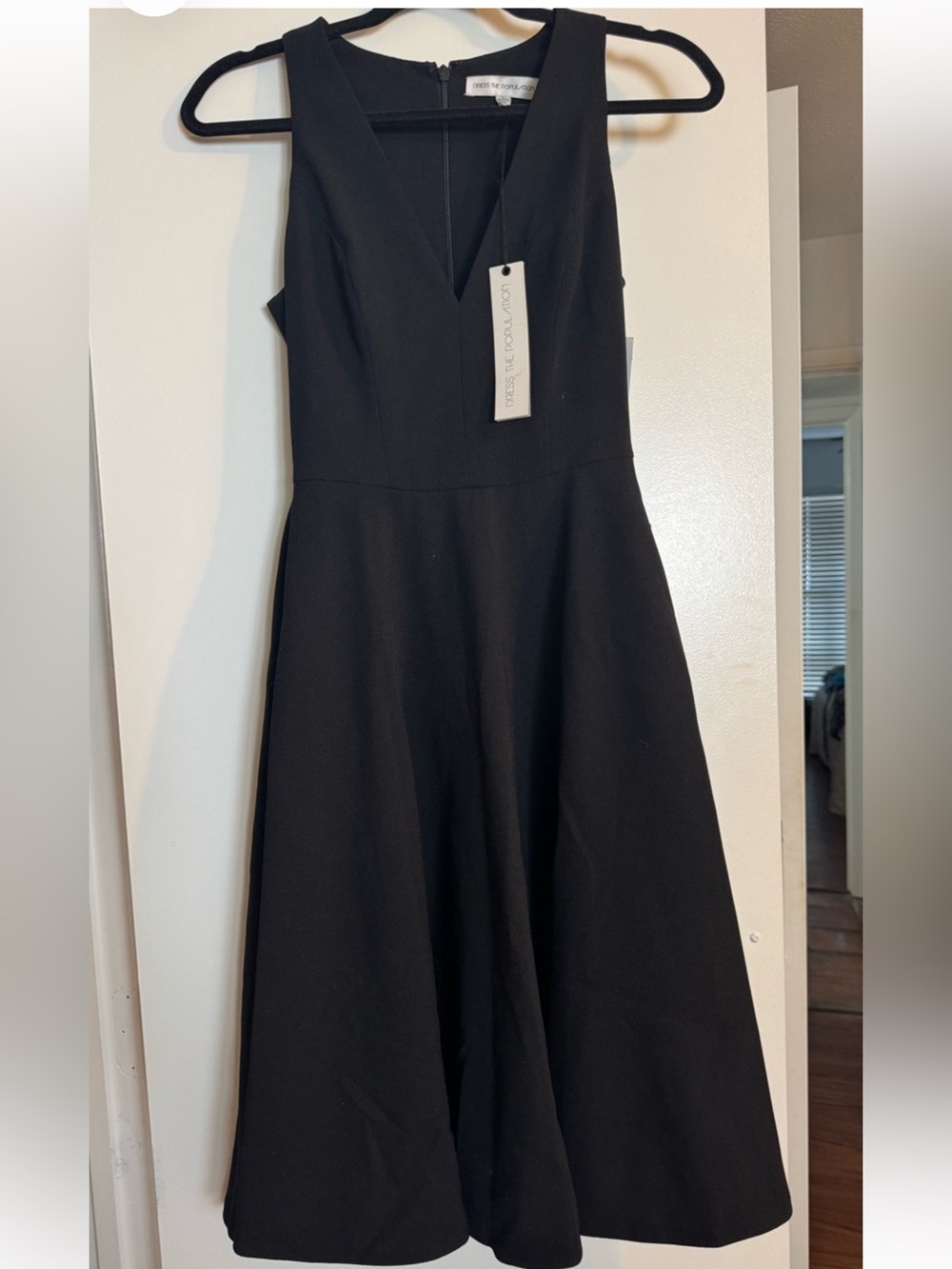 Dress the Population Catalina Crepe V-Neck Fit & Flare Midi Dress Black